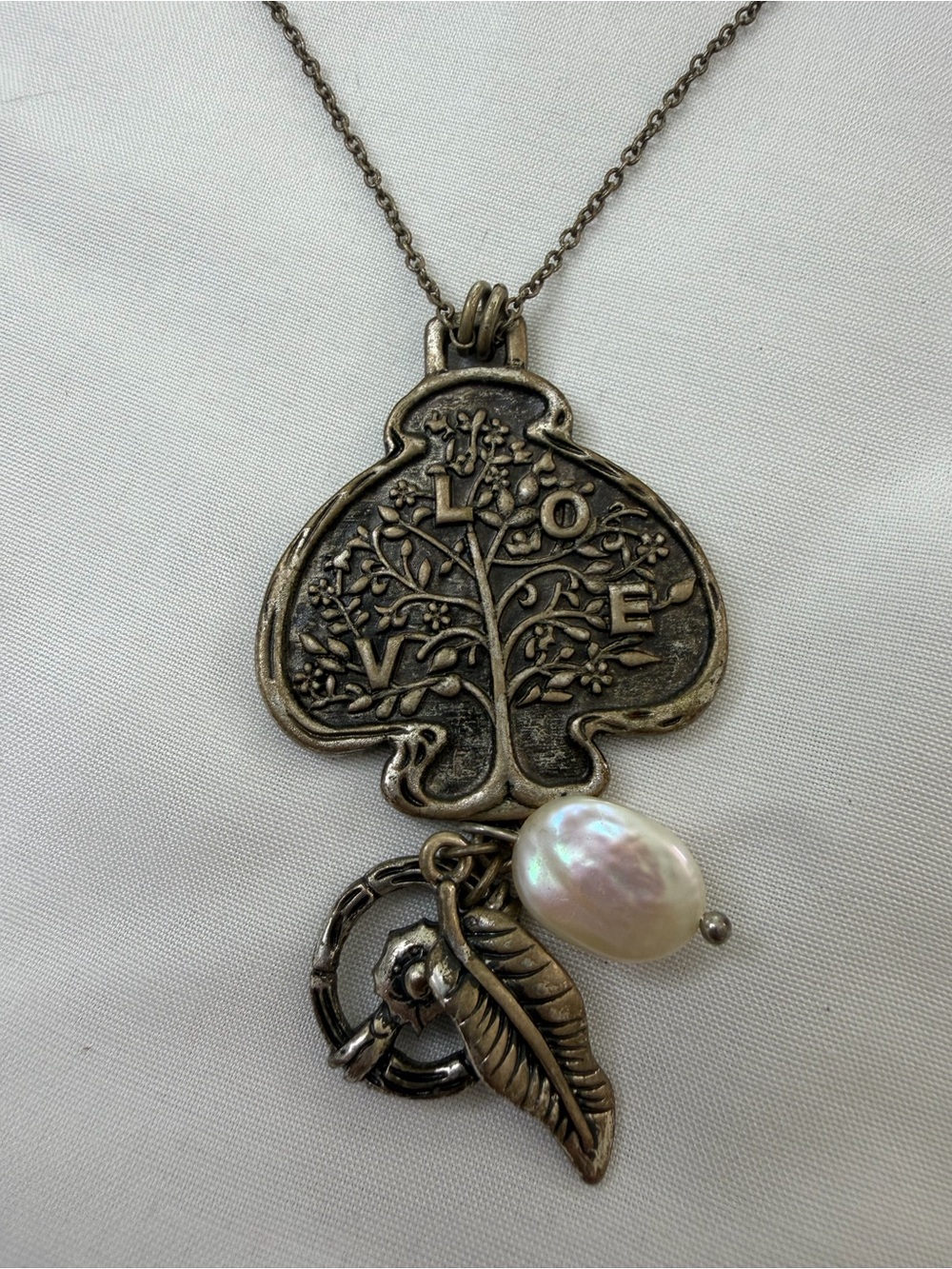 'Love' Tree Pendant Necklace with White Pearl and Feather Charm